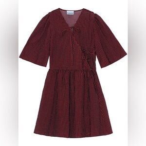 Ganni Burgundy Red Gingham Mini Wrap Dress
